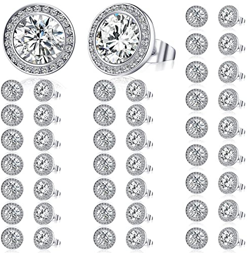 Bonuci 24 Pairs 15 mm Rhinestone Dance Earrings Competition Silver Crystals Stud Round Cut Cubic Zirconia Rhinestone Halo Stud Earrings for Women Stage Performance Bridal Party