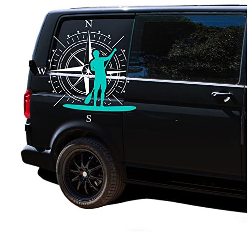 Autoaufkleber Kompass Sport Stand Up Paddle 60x60cm Windrose Sticker Folie für Auto Wohnwagen Anhänger Aufkleber Selbstklebend Kfz Zubehör KX072 KX073 (Kompass weiß, Stand Up Paddle Türkis)