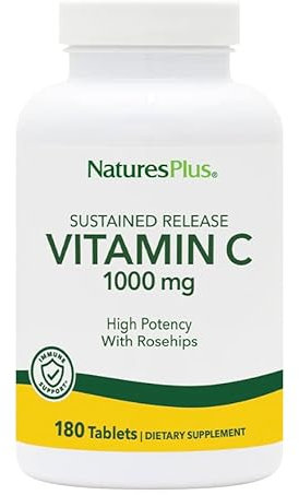 NaturesPlus Vitamin C hochdosiert mit Hagebutte (1000 mg, 180 Tabletten) - Ascorbinsäure und Hagebutten Tabletten
