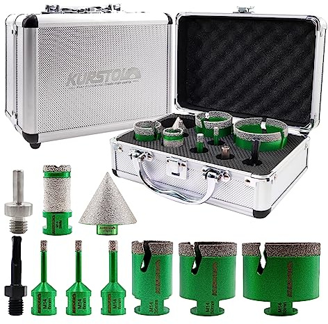 KURSTOL Diamant-Bohrkrone Kit - 6 Stk Diamantbohrer 6/6/8/35/50/68MM+25MM Diamant Fingerfräs Bit+50MM Fasenbits+Dreiecks&SDS Adapter auf M14 für Porzellan Fliese Granit Marmor Trockenbohren Lochsägen