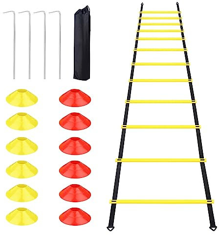 talifoca Accessoires d'entraînement de Football, Échelle d'agilité 6 m-12 échelons, échelle de Coordination échelle d'entraînement, Agility Speed Échelle avec 12 cônes 4 poteaux pour Le Football