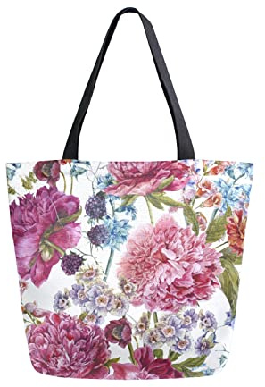 Bolsa de lona suave verano floral mujer bolsa de playa burdeos peonías jacintos mora flores silvestres bolso de hombro grande reutilizable bolso ligero para compras comestibles viaje Ho