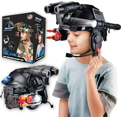 Tactipro Juego de casco de policía para niños, soldado del ejército SWAT. Incluye linterna de accesorios extraíbles, mira LED megáfono, pistola de juguete de dardos y 4 prismáticos, para horas de