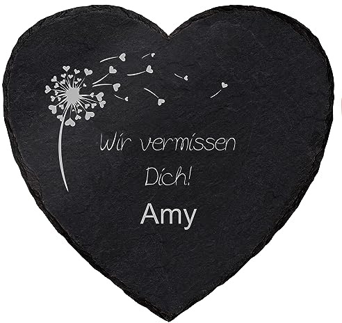 Schieferherz Gedenktafel mit Gravur für Haustiere | Variante 4 ''Wir vermissen Dich''| personalisierbar | 15x15 cm| mit Kordel zum Aufhängen | imprägnierte Grabplatte aus Schiefer mit Trauerspruch