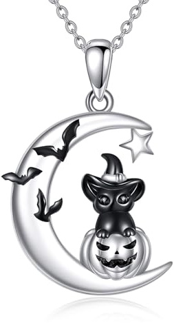 VONALA Halloween Necklace Witch/Cat Pumpkin/Ghost Pendant Necklace Sterling Silver Halloween Jewellery Christmas Gifts for Women Girls