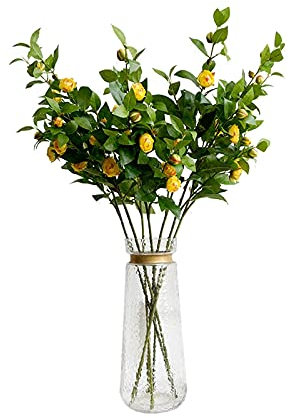 MBELLO Exquisite künstliche Blumen und Vase, Exquisite künstliche Blumen for den Außenbereich, 90 cm große künstliche Kamelienblumen aus Seide mit Glasvase, for Hochzeitsfeier, Heimdekoration