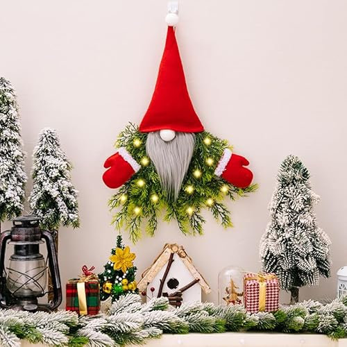 19.6 Inch Christmas Gnome Wreath with LED Lights,Christmas Gnome Wreath for Front Door Decorations,Artificial Christmas Tree Santa Claus for Christmas, Home Window (A)