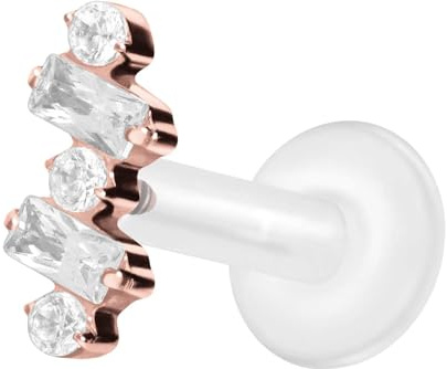 PIERCINGLINE PTFE Labret mit Gewinde + Titan-Aufsatz EINGEFASSTE KRISTALLE Piercing Lippe Nase Ohr Helix Tragus 1,2x7 mm Roségoldfarben