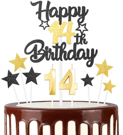 Schwarzgoldenes 14th Geburtstagskerzen Kuchenaufsatz Set, 3D Golden Zahl 14 Kerze für Kuchen, Mädchen Jungen 14th Geburtstag Dekorationen, Schwarzgoldenes Geburtstagsdekorationen für Mädchen Jungen