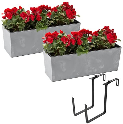 botle Juego de 2 jardineras para balcón con maceta, aspecto de hormigón, gris, 56 x 19 x 19,5 cm + soporte de metal negro