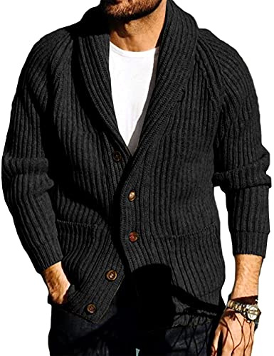 Runcati Cardigan Homme Tricoté Épais Veste Col Châle Tricot Torsadé Ample Col en V Maille Vêtement d'Extérieur, Noir , XXL