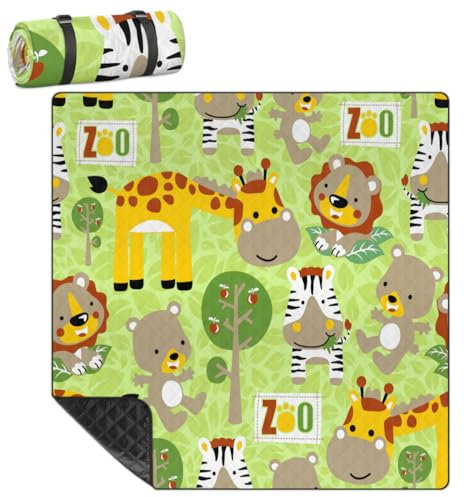 Mularoka Picknickdecke mit Bären-Giraffen-Zebramuster, wasserdicht, sanddicht, faltbar, Stranddecke, 200,7 x 200,7 cm, extra groß, tragbar, waschbar, Outdoor-Matte für Camping, Park, Gras, Wandern,