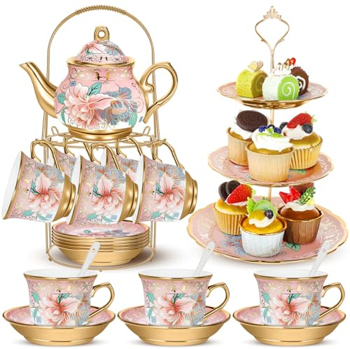 Suttmin 21 Pcs Ceramic Teapot Set Vintage Porcelain Tea Cups with Metal Holder and High Tier Cupcake Stand Saucers for Women Girls Farmhouse European Weddings Party Decor Gifts(Pink,Spring)