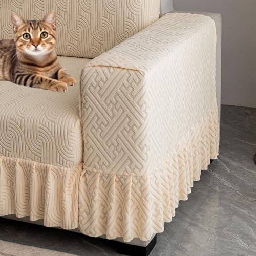 MOTTK Großer Sofabezug, dick, dehnbar, Jacquard-Armlehnenbezug mit Rockkanten, leicht zu reinigen, rutschfester Möbelschutz für Katzen, 120 cm (2, Beige)