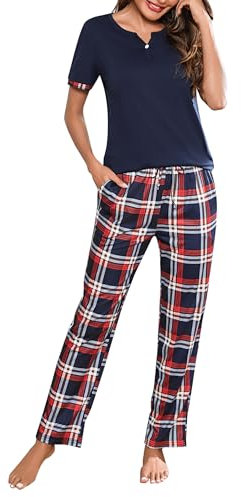 Irdcomps Pyjama Femme Coton Pyjamas Été T-Shirt Manches Courtes Ensemble de Pyjama Pantalon de Sleepwear à Carreaux Vêtements de Nuit Femme 2 Pièces Bleu Marine M