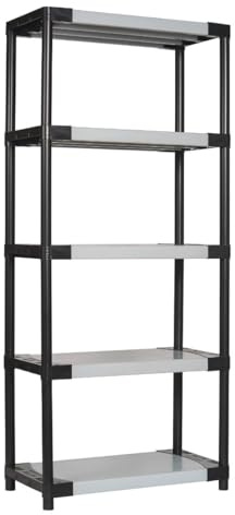 Bayersystem SMARTPLAST 800 förvaringshylla, plasthylla med 5 hyllor, 185 x 80 x 40 cm, upp till 350 kg, tung lasthylla, källarhylla, verkstadshylla, av plast, grå/svart