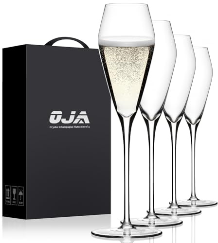 Champagne Flutes Glasses Set of 4, Hand Blown Crystal Wedding Flutes Glass, Ideal for Weddings, Anniversaries, Christmas, Special Days, 10.5 inch, 7.5 oz, Clear