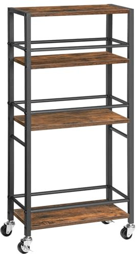 MAHANCRIS Servierwagen mit Rollen, Rollwagen mit 4 Ebenen, Küchenwagen mit Geländer, Barwagen mit Bremsen, Getränkewagen, für Küche, Wohnzimmer, Esszimmer, Rustikales Braun und Schwarz ARCHR1401