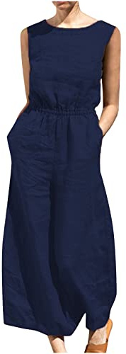 Generico Salopette Donna Estiva Casual in Lino Jumpsuit a Gamba Larga Cotone Elegante Tuta Intera Senza Manica Tutina Pantaloni Larghi con Tasche per Spiaggia Vacanza