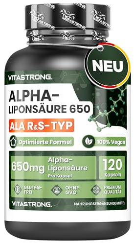 Acide Alpha-Lipoïque avec Zinc 650mg, 120 Gélules Vegan, Vitastrong | Formule Optimisée Alpha Lipoic Acide Type R & S, ALA, Zinc Complément Alimentaire, Qualité Premium