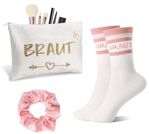 3 Stück Braut Geschenke Set Jga Accessoires Frauen Rosa Braut Socken Weiß Team Braut Make Up Tasche Haargummis Rosa Junggesellenabschied Frauen Für Hochzeit Verlobung