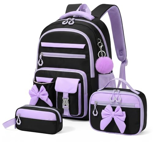 Amythe Zaino Scuola Elementare Bambina 3 Pezzi, Set Zaini Bambina Set 6-11 anni con Sacchetto per Pranzo e Astuccio per Matite, Zainetto Ragazza per Scuola, Viola