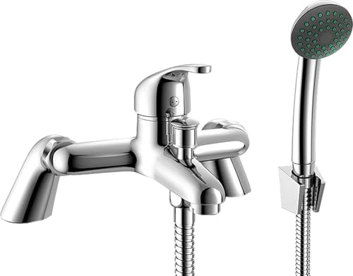 Chrome Finish Bath Shower Mixer Tap | Twin Lever Modern Bathroom Faucet | Deck Mounted with Pillar Legs | Includes Shower Hose & Handset | Bath Filler Tap Set for Bathtubs (1 Pack)