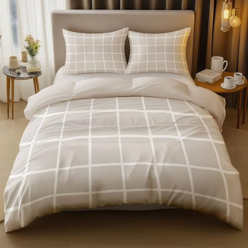 Generisch 180 x 200 cm 3teilig Bettwäsche Sets mit 2 Kopfkissenbezüge 80 x 80 cm Einfach Linien Gitter Quadrate Stil Mikrofaser Bettbezug mit Reißverschluss für Kinder Und Erwachsener, Beige