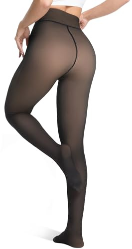 Unesmaro Termiska fleecefodrade strumpbyxor, genomskinliga hudtonade strumpbyxor stil leggings för vintervärme, Svart, L