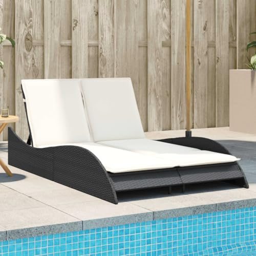 Emmtore Sonnenliege mit Auflage, Gartenliege Relaxliege Doppelliege Verstellbare Rückenlehne, Gartenmöbel Strandliege Stahlrahmenn Schwarz 114x205x73 cm Poly Rattan