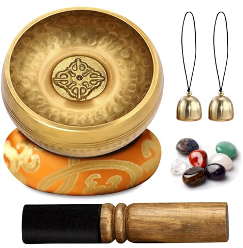 Tibetische Klangschale - Meditationsklangschale,Tibetisches Klangschalen Set,Klangschale Set mit 7-Farbiger Yogastein, 2 Glocken,Tibetanische Klangschalen,Singing Bowl für Entspannung Meditations