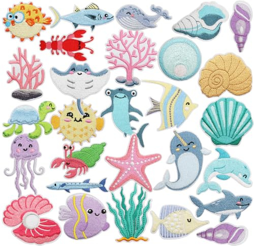 28 stycken marin organism lappar att stryka på söt manet och val sjöstjärna stryklappar broderi märke järn/sew on patches kläder hatt jackor gör-det-själv jeans ryggsäckar jackor klänning t-shirt