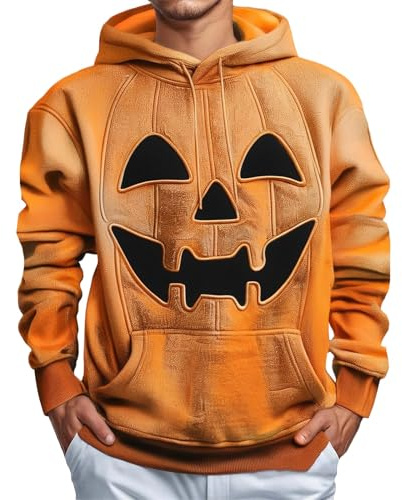 DENGJIAMY Halloween Hoodie Men Holiday Pullover Shirt Long Sleeve with Pocket Men's Pumpkin Face Print Hooded Sweatshirt (Orange, L)