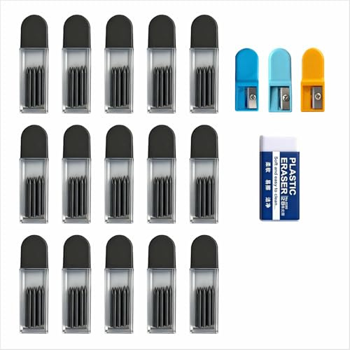 155 Stück Zirkelersatzminen, 2B Zirkelminen mit Radiergummim, 2,0 mm Durchmesser Zirkelmine, inklusive 150 pcs Ersatzminen, 3 pcs Anspitzer, 2 pcs Radiergummi für Schule Büro Zeichnung