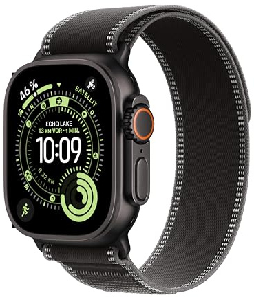 Apple Watch Ultra 3 GPS + Cellular 49 mm Premium Smartwatch für Lauftraining und Kombinationssport mit robustem Titangehäuse in Schwarz und Trail Loop in Schwarz/Kohlegrau (M/L)