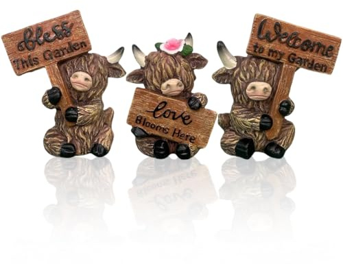 JhavexToy Highland Viehskulpturen Für Garten,Hochlandrind Statue mit Willkommensschild,Harz Skulptur Tierfigur Wohnaccessoire für Zuhause Garten Tisch Deko Kaminsims Anzeige,3 Stücke