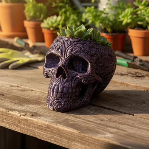 Red Dragon Seeds Purple Galaxy Skull Planter – 3D Printed Decorative Head Pot with Silver Speckles – Cosmic Gothic Planter for Succulents, Cacti & Houseplants – Unique Space-Themed Home Décor Gift