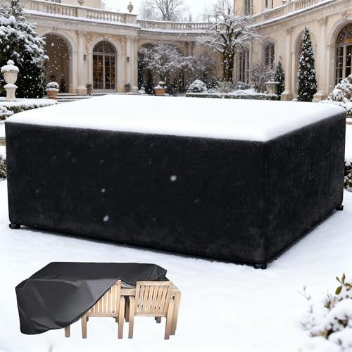AJALGZ Housse Salon Jardin Rectangulaire Bache Table de Jardin, 300x150x90cm/LxlxH Imperméables Housse de Protection Mobilier Exterieur, 420D Tissu Oxford Bache de Protection Exterieur Table