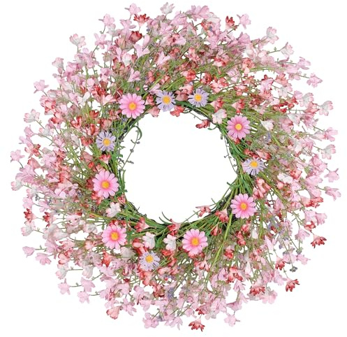 24 Inch Large Spring Wreaths for Front Door Daisy Wreath Easter Wreaths for Front Door Artificial Floral with Wild Floral for Farmhouse Porch Wall Living Room Home Decor-Pink