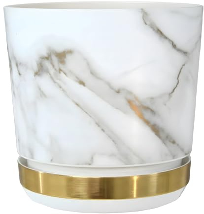 KORAD Marble Effect Large Matt Plastic White Plant Pot + Saucer Tray for All Indoor House Plants - Flower Planter Available in 7 Sizes (Marble DUO, 26 cm - 10.2 inches)