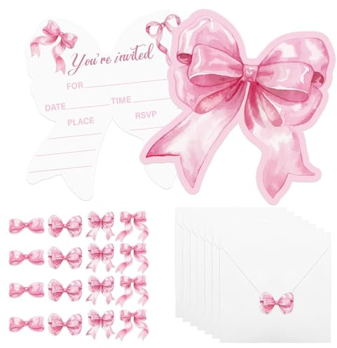 20 juegos de tarjetas de invitación de lazo rosa con calcomanías y sobres para fiesta de cumpleaños, baby showers, bodas y celebraciones, 150 x 150 mm