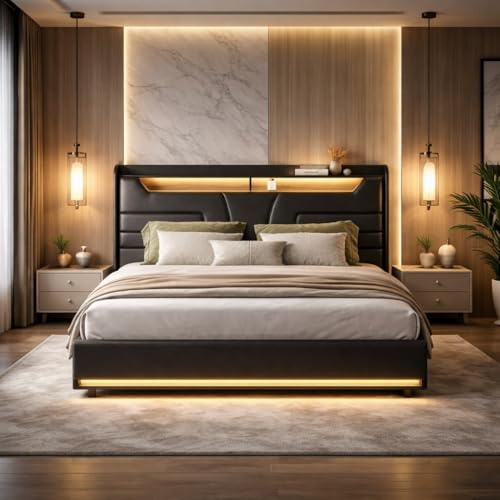 QMTXBYJ Säng 140 x 190 cm med LED-belysning och USB-port, hydraulisk säng med huvudgavel med förvaringsfack, vadderade dubbelsängar 140 x 190 cm med ribbotten, PU, utan madrass