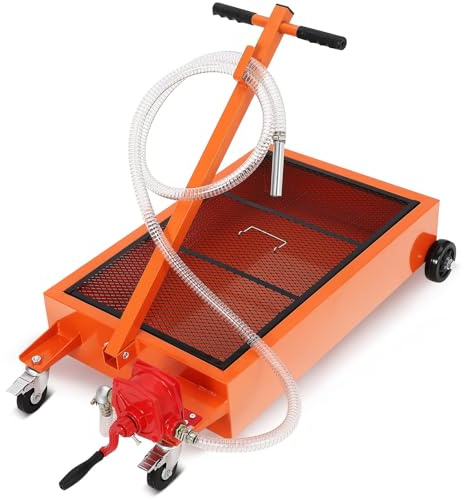 RBFGYIOP Carrello di Raccolta Olio esausto a Basso Profilo – 20 galloni con Pompa Manuale, Tubo Flessibile 2,5 m, Manico Pieghevole e Ruote – per Cambio Olio Auto, SUV, Camion, Camper, Autobus –