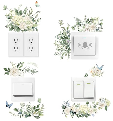 FUFUQUARE Stickers Muraux Fleurs Blanches Autocollant Interrupteur Roses Hydrangées Papillon Enfant Décoration Murale Amovible DIY Enfant pour Chambre Salon Salle à Manger