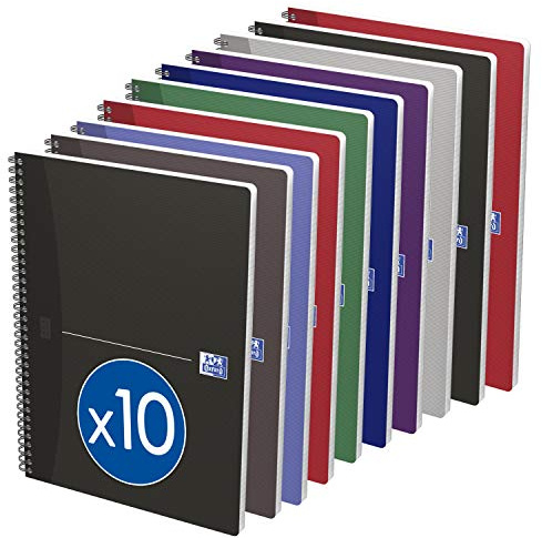 Oxford Spiral-Notizbuch A4 kariert, 100 Seiten, laminierter Karton-Deckel, 8 Farben, 10 Stück