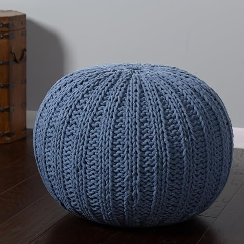 LR Home Blue Cableknit Cotton Round Ottoman for Home Décor | Hand-Made Farmhouse Foot Rest for Bedroom & Living Room | 20 x 20 x 16 Stuffed Pouf for Seating