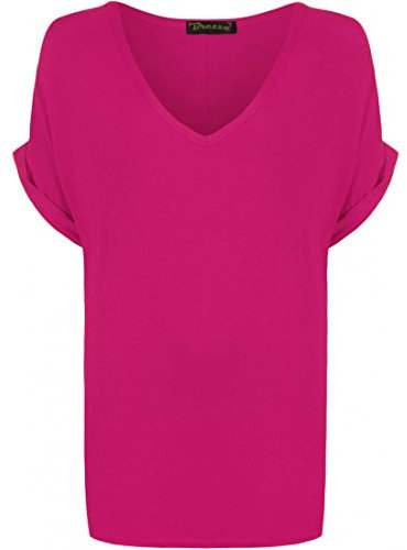 Angy - Camiseta de manga corta para mujer, diseño de cuello en V, cuello en V, manga corta, talla 8-26 fucsia 52-54