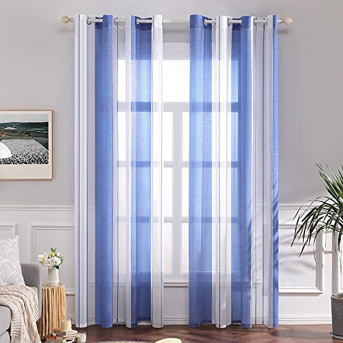 MIULEE Voile Gardinen Blau-Weiß mit Ösen 2er Set 140x245 cm | Halbtransparenter Voile mit Streifenmuster für Wohnzimmer, Schlafzimmer und kleine Fenster.