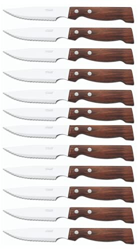Arcos Cuchillo Chuletero Acero Inoxidable Nitrum 120 mm Caja 12 Uds | 12 unidades. Hoja serrada. Mango de madera comprimida. Serie Cuchillos de Mesa. Color marrón.