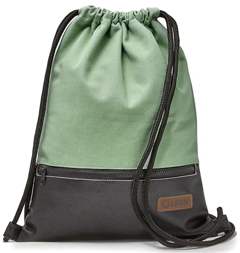 By Bers LEON Sacca da palestra, grande tasca esterna con cerniera, tasche interne, zaino da donna e da uomo, in pelle vegana, menta_nero_PU, 45x35x2cm, Sacca da palestra